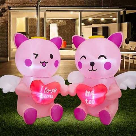 DR.DUDU Valentine's Day Inflatable Cat with Heart, 4 Ft Valentine Blow up Yard Decor Couple Cat with LED Lights, Romantic I Love You Decor for Wedding Anniversary Propose Marriage Party Indoor Outdoor Cover