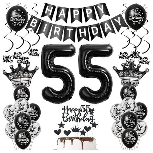 Globos para decoración de 55 cumpleaños, diseño de 55 años, color negro y plateado