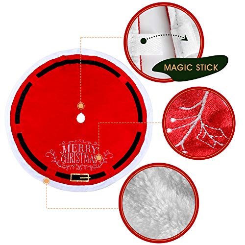 POPUTOY Christmas Tree Skirt, 48 Inch Faux Velvet Trim X-mas Tree Skirt Santa Suit Pattern Christmas Tree Mat with Plush Mercerized Velvet for Christmas Holiday Decorations Indoor Outdoor