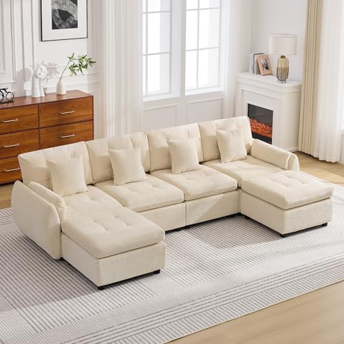 Image of 112 inch U Shaped Modular Sectional Cloud Sofa with 2 Ottomans, Oversized Deep Seat Tufted Chenille 6-Seater Couch with Curved Arms, Upholstered Sofas for Living Room, Beige