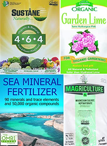 Gardening with Leon Organic Fertilizer Kit - Sustane 4-6-4 Organic Slow-Release Fertilizer, Sea Mineral Fertilizer, Epsom Salt & Gardening Lime - 1.8 lb (4 Cups) kit
