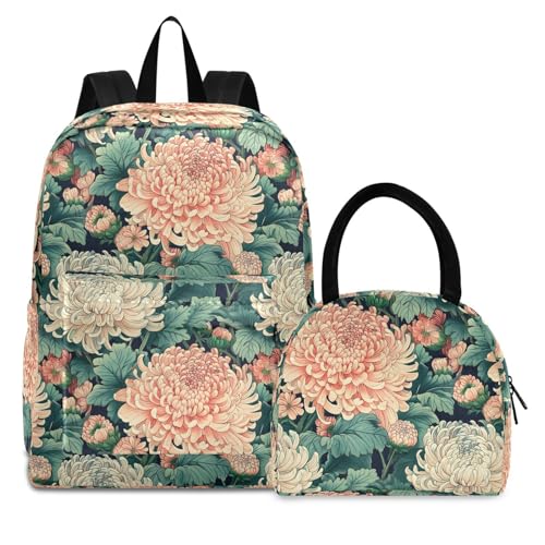 Backpack Lunch Box Set Large Capacity Travel Backpacks and Insulated Lunch Bag for Commute Hiking Picnic Japanese Floral Print