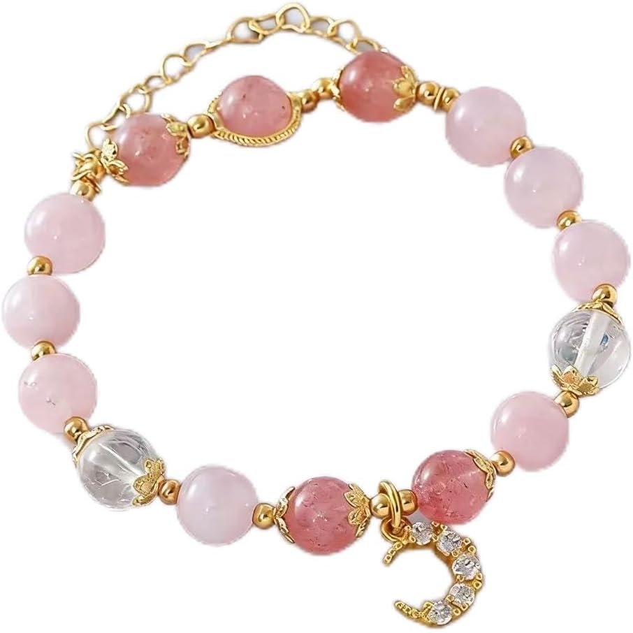 Handmade Rose Quartz Strawberry Quartz Moon Bracelet for Women, Natural Pink Crystal Beaded Bracelet with CZ Moon Charm, Dainty Gold Plated Healing Crystal Jewelry for Birthday Valentine's Day Gift