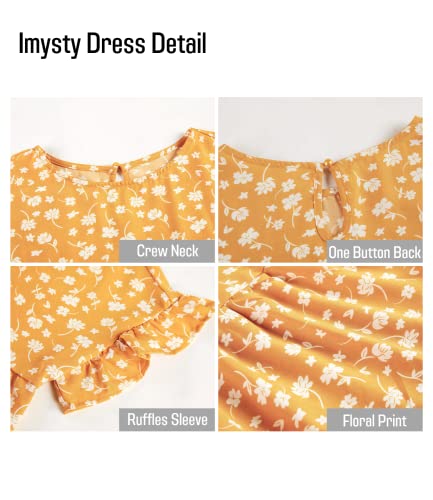 Image of Imysty Womens Boho Floral Ruffle Sleeve Babydoll Loose Flowy Casual Summer Pleated Mini Dress