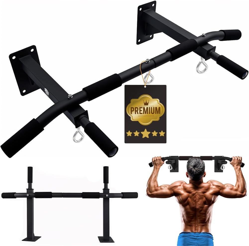 ManiBoom Barra de Dominadas de Pared (150kg) - Barra Dominadas Pared Atornillada con 3 Argollas TRX para Calistenia y Gimnasio en Casa