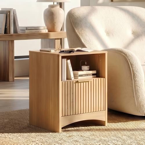 Image of Marsail Fluted Nightstand Set of 2, Wooden Nightstands with Drawers, Modern Bedside Table with Charging Station and Storage, End Table with Storage Side Table for Bedroom, Oak