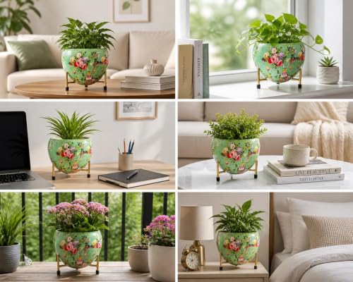 Image of Metal Flower Vase Planter with Iron Stand | Pack of 2 Green Floral Print Indoor Plant Pots for Home Decor | Ideal for Succulents & Small Plants | Sunlit Symphony Design | 6x6x6 Inches