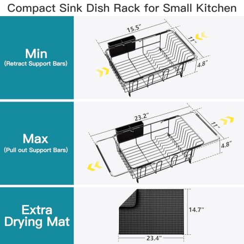 Image of JASIWAY Black Dish Drying Rack in Sink with Mat, Cups and Utensil Holder