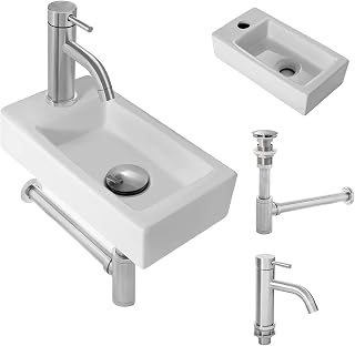 ITHWIU Wall Hung Basin Sink Small Cloakroom Basin Rectangle Left Hand Ceramic Wash Basin, Including Faucet & Drain