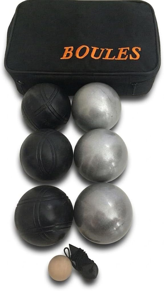 BuyBocceBalls Listing - Unique 6 Ball 73mm Metal Bocce/Petanque Set with 3 Grind Sand Balls and 3 Black Balls