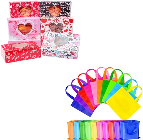 30 Pack Non Woven Party Favor Bags，12 Pack Valentine's Day Treat Boxes with Heart Window, Candy Container Boxes for Valentines Day， Rainbow Party Favor Goodie Bags for Kids Birthday