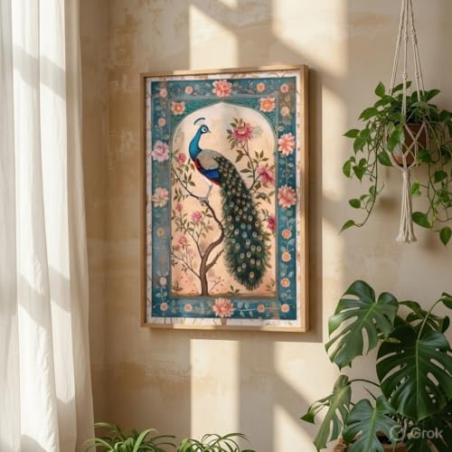 Image of Livin'luxe Peacock Floral Wall Painting with Wooden Frame | Vintage Bird Art HD UV Laminated MDF Wall Decor | Elegant Nature Artwork for Living Room Bedroom Office Home Decoration