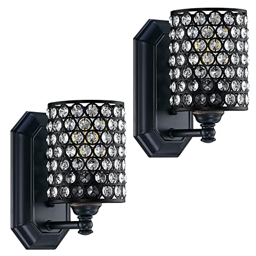 2 Pack 1 Light Crystal Wall Sconce Lighting with Black Finish,Modern Concise Style Wall Light Fixture Polyhedral Crystal Shade for Bathroom, Bedroom Living Room Bedside