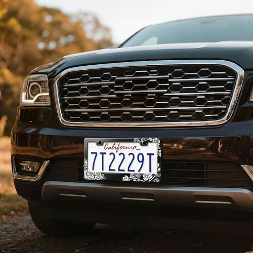 Image of License Plate Frame, Flower Aluminum Universal Car Plate Holder | Universal Aluminum Black Car License Plate Cover with Screws for Women Men