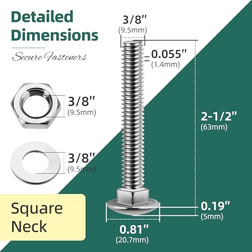Image of (6 Sets) 3 /8-16 x 2-1 /2 Carriage Bolts with Nuts and Washers, 304 Stainless Steel Round Head Square Neck 3 /8 Carriage Bolts Screws, Full Thread for Outdoor