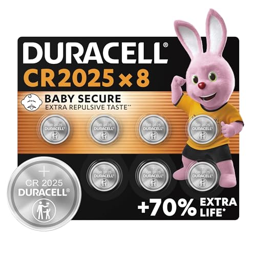 Duracell 2025 pilas de botón de litio 3 V (paquete de 8) - Hasta un 70 % más de duración - Tecnología Baby Secure - Para llaves de control remoto, relojes deportivos y gafas 3D - Embalaje seguro
