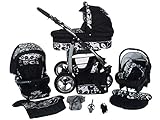 Cochecito de bebe 3 en 1 2 en 1 Trio Isofix silla de paseo D-Deluxe by SaintBaby negro & flores blancas 3in1 con Silla de coche
