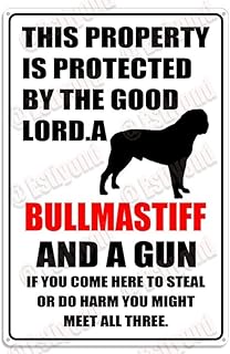 This Property Is Protected By The Good Lord & A Bullmastiff Dog Caution Aluminum Metal Sign 8"x12" For Dog Owners, Homeowners - Property Perimeter