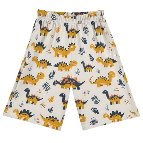 ALAZA Yellow Dinosaur Leaf Pajama Shorts Sleep Shorts Pant Lounge Pajama Bottoms Elastic Waist with Pockets