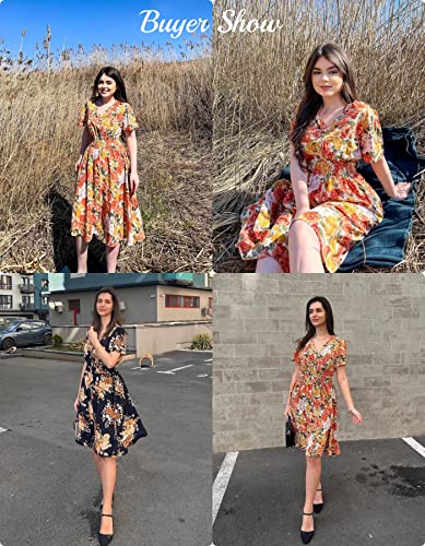 Yoesee Women Short Sleeve Floral Print Summer Dress V Neck Knee Length Button Down Midi Dress With Pockets #TOP2