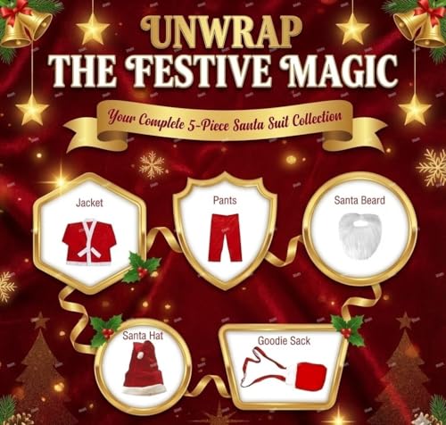 Image of Santa Claus Dress For Baby Boy Girl 0-6 Months 5Pc Set with Beard Shirt Pant Hat Goodie Bag Warm Fleece Infant Christmas Fancy Dress Costume Newborn Xmas Gift Red Outfit Suit Prop