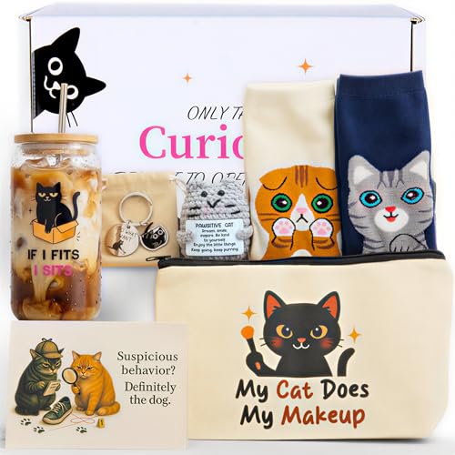 Funny Cat Lovers Gifts for Women, Cat Mom Mothers Day Gifts Box, Premium Cats Themed Gifts Set for Women with Borosilicate Glass Cup Crochet Doll & Socks, Crazy Cats Lady Gift Basket for Birthday