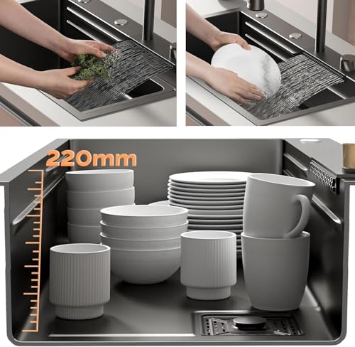 Image of COOTER Premium Kitchen Sink 304 Grade 30 x 18 x 9 waterfall Anti Scratch Design With Integrated Waterfall Pull-down Faucet Set All Accessories All In One Stainless Steel Sinks For Kitchen Nano Coated