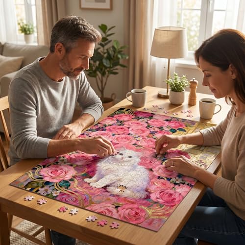 1000 Piece Puzzle for Adults, Elegant White Persian Cat with Pink Roses - image 7