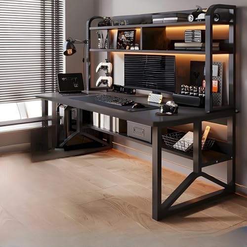 RVGVPMAMTZ Rechteckiger Holzschreibtisch, Gaming-Tisch, moderner Computertisch, Büroschreibtisch mit Metallrahmen und Bücherregal, moderner Schreibtisch fürs Homeoffice 120cm,2