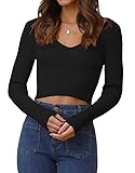Ezbelle Long Sleeve Sweater for Women's V Neck Crop Tops Sexy Ribbed Knit Cropped Shirt Fall Fashion Trendy Outfits Work Office Top Black M