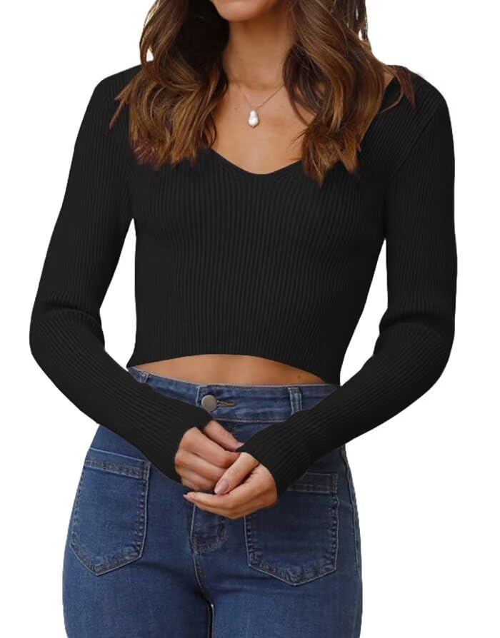 Ezbelle Women's V Neck Sweater Long Sleeve Crop Tops Sexy Ribbed Knit Pullover Shirt Trendy Blouse Fall Top