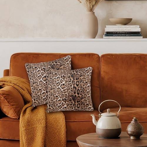 Calkkrer 2 Stück Kissenbezüge Aus Dichtem Kunstkaninchenfell, Super Weich Fuzzy Zierkissenbezug, Leopardenmuster Braun, Dekokissen Für Sofa, Schlafzimmer, 45x45 cm