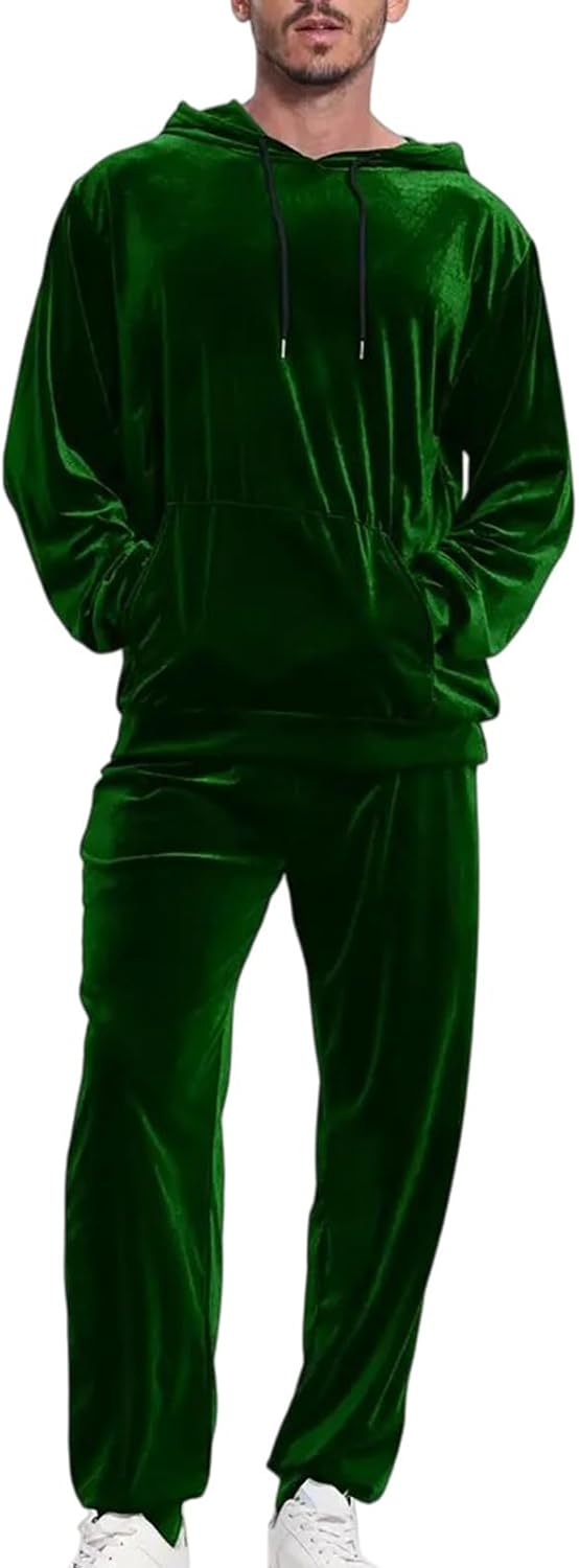 Velour Tracksuits Mens 2 Piece Set Outfits Outdoor Jogging Sweatsuit Solid Color Drawstring Hoodies and Pants Fashion
