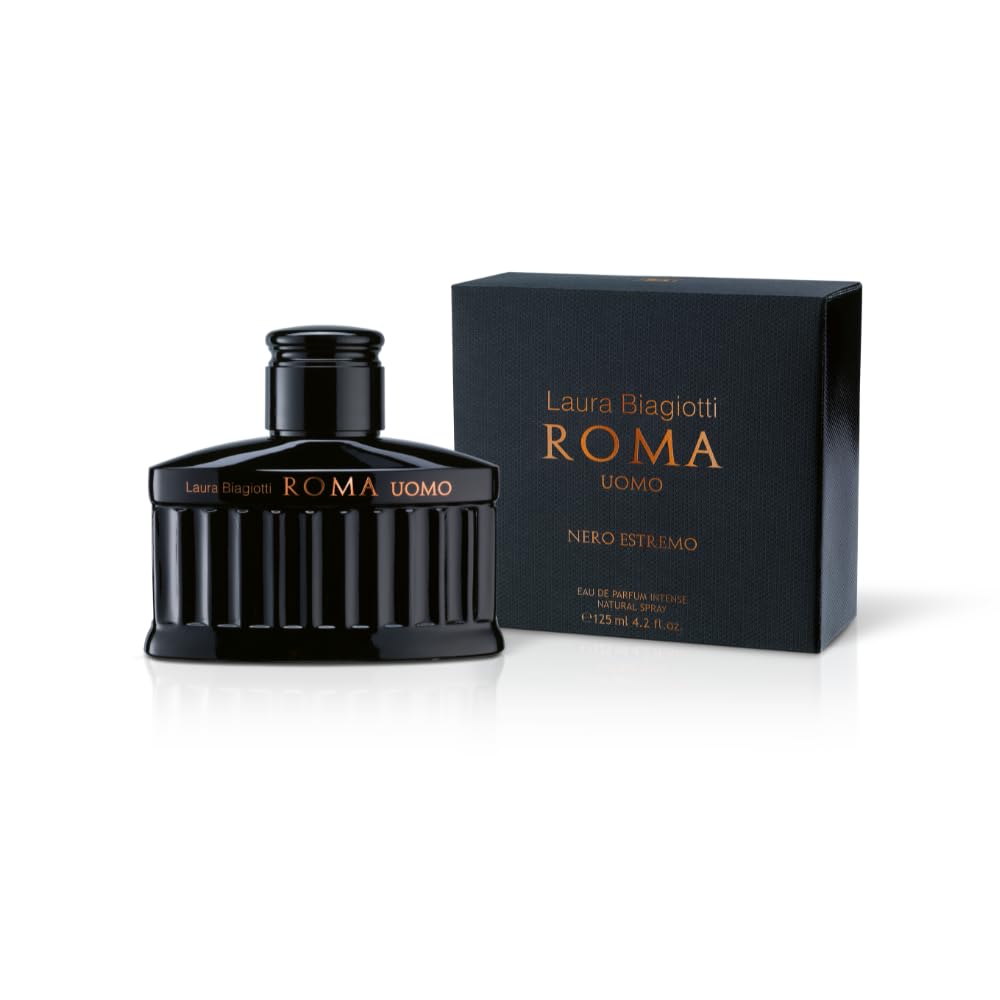 Laura Biagiotti – Roma Uomo Nero Estremo Eau de Parfum Intense 125 ml – Profumo Uomo – Fragranza Fougère Ambrata Legnosa – Note Intense e Profonde – Flacone di Colore Nero Ispirato al Pantheon Romano