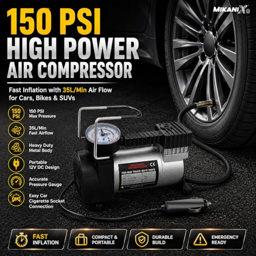Image of MIKANIX Heavy Duty Portable Inflator Air Pump Compressor with 150psi Pressure Gauge | 12V DC | Universal for Car | Bike Cycle Tyre