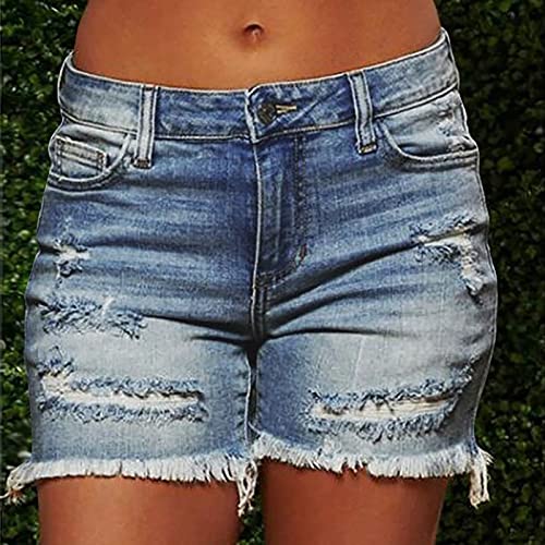 Women's Hole Denim Shorts UK Sale Clearance Ladies Fringe Jeans Pants with Pokets Casual Zipper Shorts Elasticated Waist Summer Shorts High Waisted Denim Shorts Comfy Holiday Stretchy Short Trouser