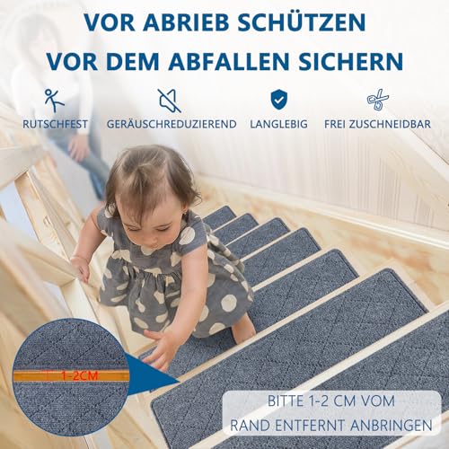 KOOTETA Teppich-Treppenstufen, rutschfest, 20x76cm (15 Pack), Teppich-Treppenläufer, wiederverwendbarer Klebstoff für alle sauberen, glatten Treppen, Stufenschutzmatte für Kinder, Grau