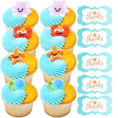 24Pk Sea Buddies Edible Starfish Turtle Crab Octopus Sugar Decoration Toppers For Cakes Cupcakes Cake Pops With Decorating Stickers #TOP2