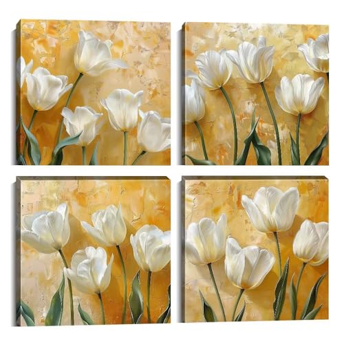 Wall HDQ Yellow and White Flowers Wall Art Pictures Wall Decor Floral Pictures for Bathroom Bedroom Living Room Decoration Canvas Prints Artwork Framed 4 Pieces
