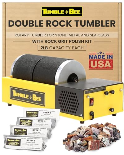 Tumble-Bee Double Rock Tumbler - for Adults and Kids - Rotary Tumbler for Stone, Metal and Sea Glass - Stone Polishing Kit for Professionals & Hobbyists - Model TB-22-KIT