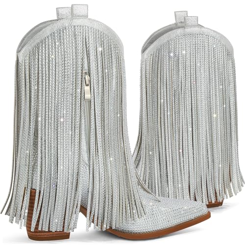 Ouepiano Silver Cowboy Boots for Women Cowgirl Boots with Fringe, Size 9.5 by Ouepiano - Used condition - Image 4