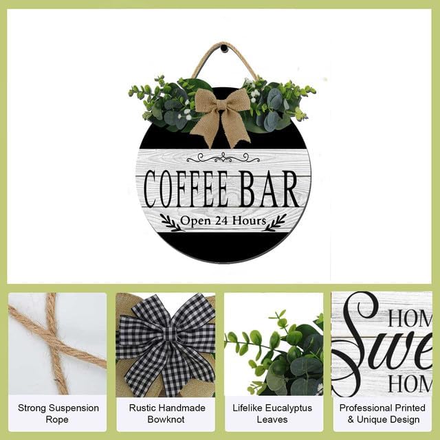 12x12 Inch 24 Hours Open Hanging Plaque - Coffee Bar Accessories (Rustic Wreath) image 5