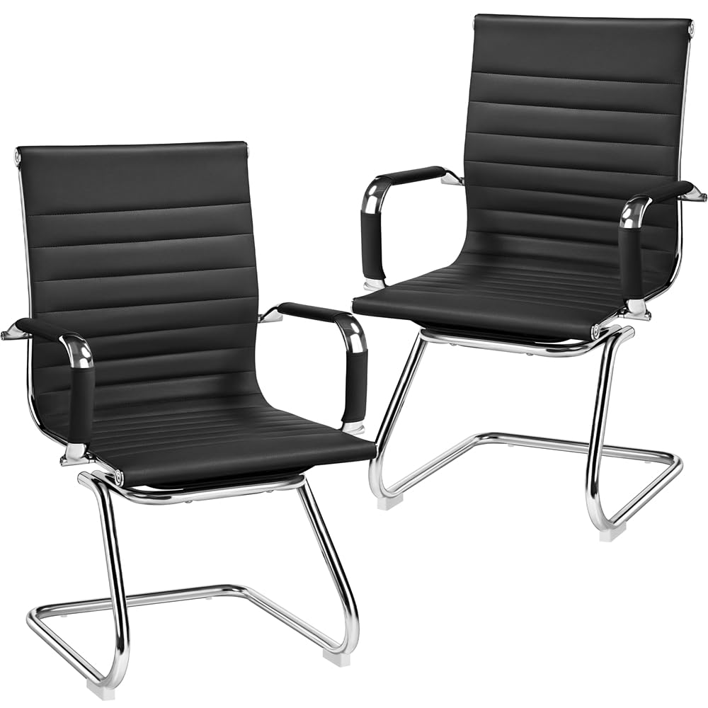 Yaheetech 2 Sillas de Oficina Silla de Recepción Ergonómicas en Negro | Tapizado en Polipiel, Diseño Moderno, Reposabrazos Integrados, Base Metálica, para Oficina, Sala de Espera y Reuniones