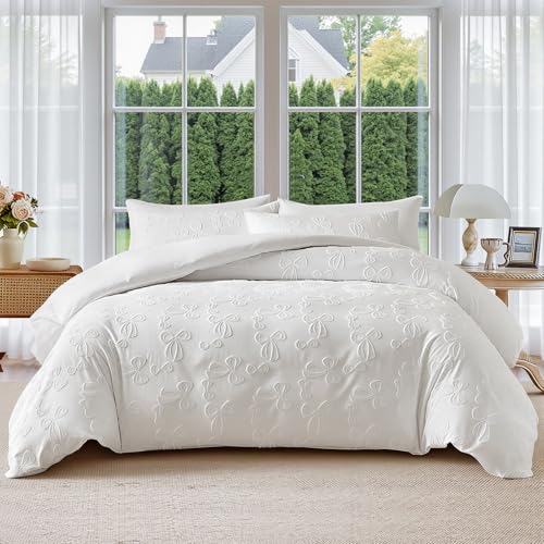 Image of 7 Pieces Bow Comforter Set for Girls White Tufted Boho Bedding Set Queen Size Farmhouse Bed in A Bag as Gifts (1 Comforter, 1 Flat Sheet, 1 Fitted Sheet, 2 Pillowcase and 2 Pillow Sham)