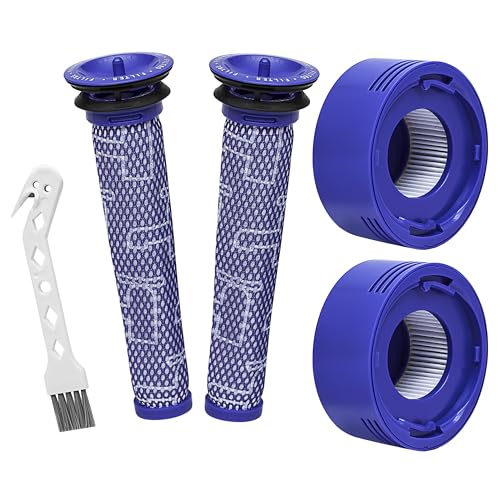 Kit de repuesto de 2 prefiltros y 2 postfiltros para aspiradora inalámbrica Dyson V7, V8 Animal y V8 Absolute, reemplaza la pieza # 965661-01 y 967478-01 - 4 filtros con 1 cepillo