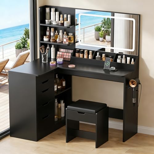 TRIUMPHKEY Coiffeuse avec Grand Miroir LED et Tabouret, Table de Maquillage en L avec Multiprise y...