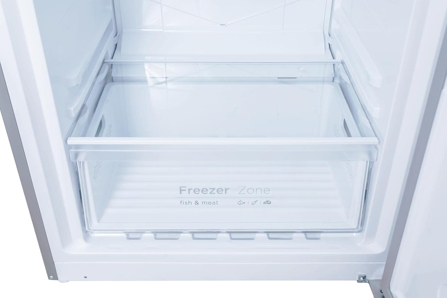 Interior de primer pla view of a Forte unit showing a clear plastic drawer labeled 'Freezer Zone fish & meat'.