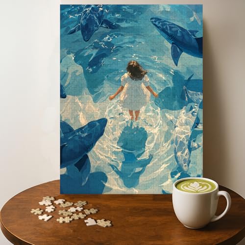 White Dress Woman Sharks Fantasy Jigsaw Puzzle - 500 Pieces Wooden Puzzle for Adults, Wall Art Gift, Finished Size: 20 x 15 Inch