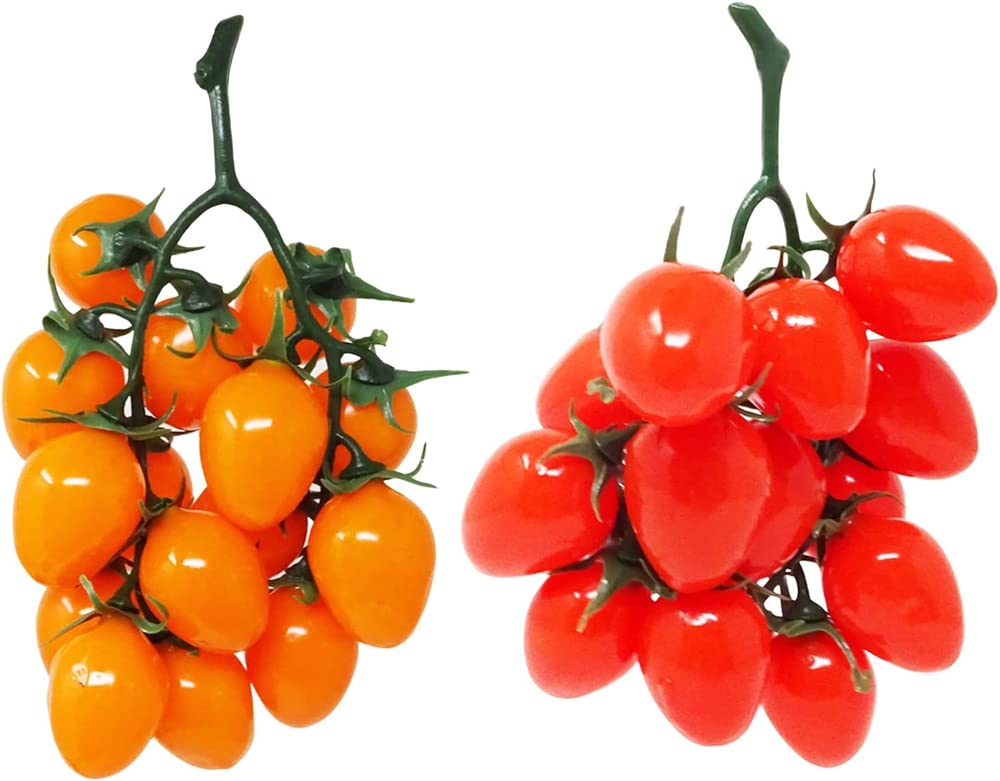 2 Pcs Artificial Cherry Tomatoes, Fake Red Cherry Tomato Artificial Fruit Plastic Lifelike Simulation House Kitchen Party Decoration, Display Props (16 Grain, Red and Yellow)