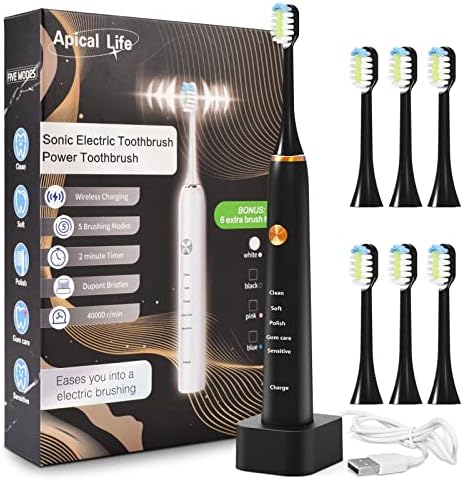 Sonic Electric Toothbrush for Adult with 6 Brush Heads, Power Sonic Electric Toothbrush 5 Modes 40,000 VPM Motor,Wireless Quick Charge for 35 Days, Travel Rechargeable Power Toothbrush (Black)